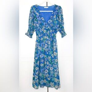 Lush Floral Smocked Waist Midi Dress | Size M | Blue & Green